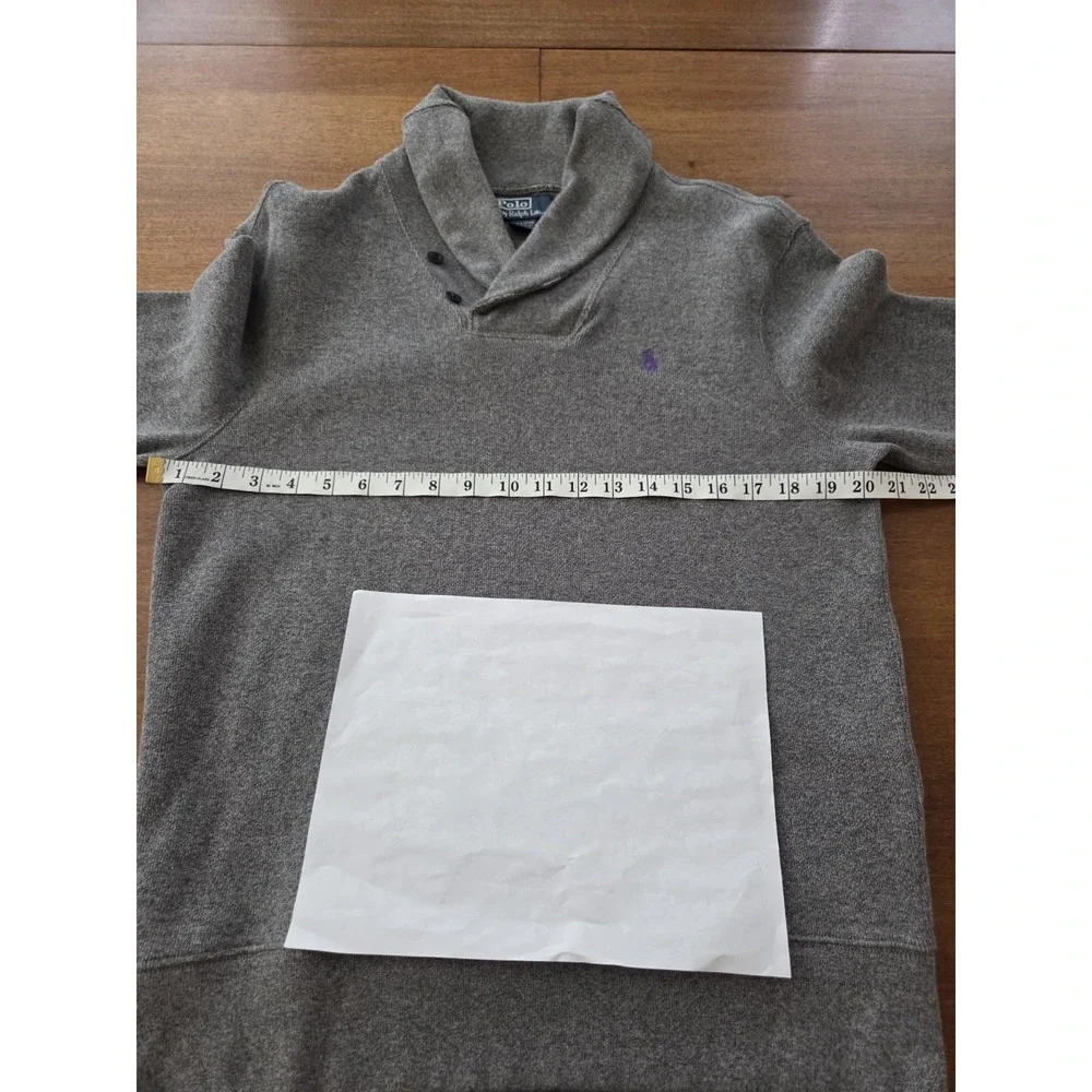 Polo Ralph Lauren Shawl Collar Pullover‎ Sweater Men's Medium Gray W Purple Pony